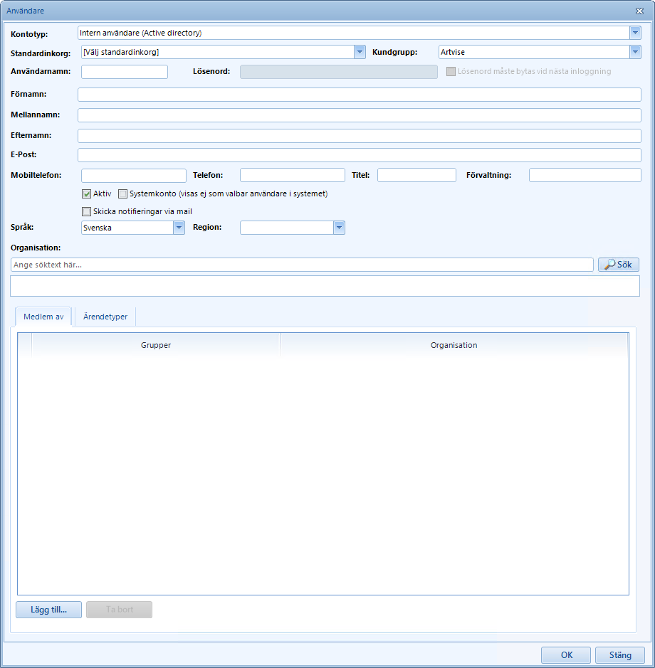 New user dialog