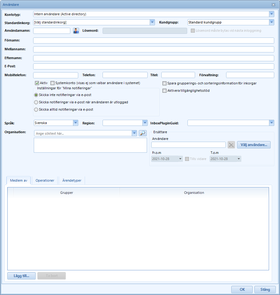 New user dialog