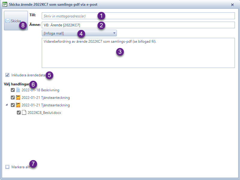 Skicka som samlings-pdf via epost dialog